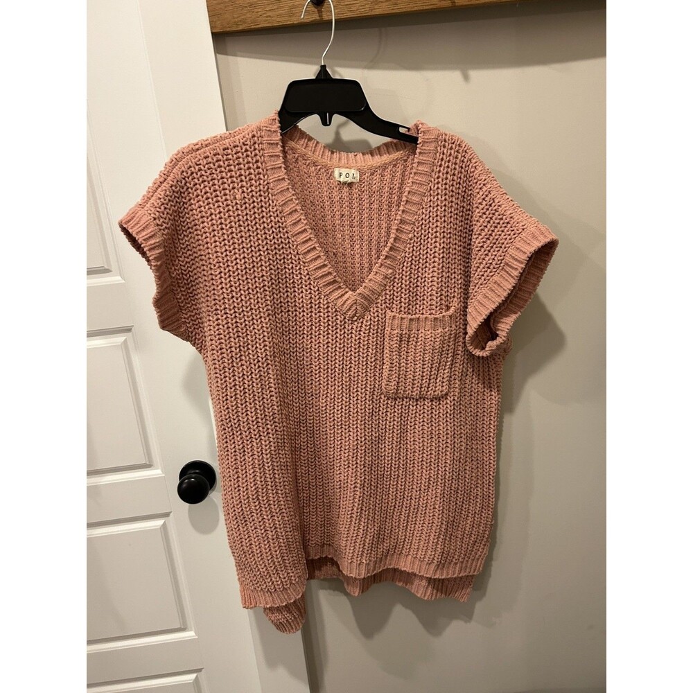 Pol Women Sweater Medium Pink Open Knit Pocket Short Sleeve V-Neck High Low Hem